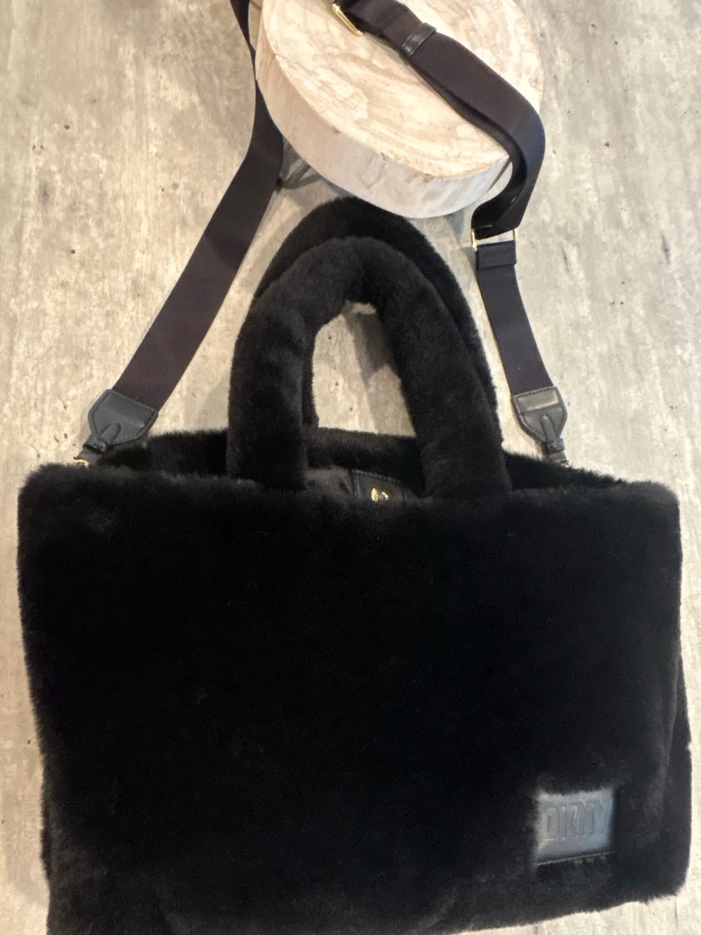 DKNY Black Faux Fur Tote with Subtle Logo Accent